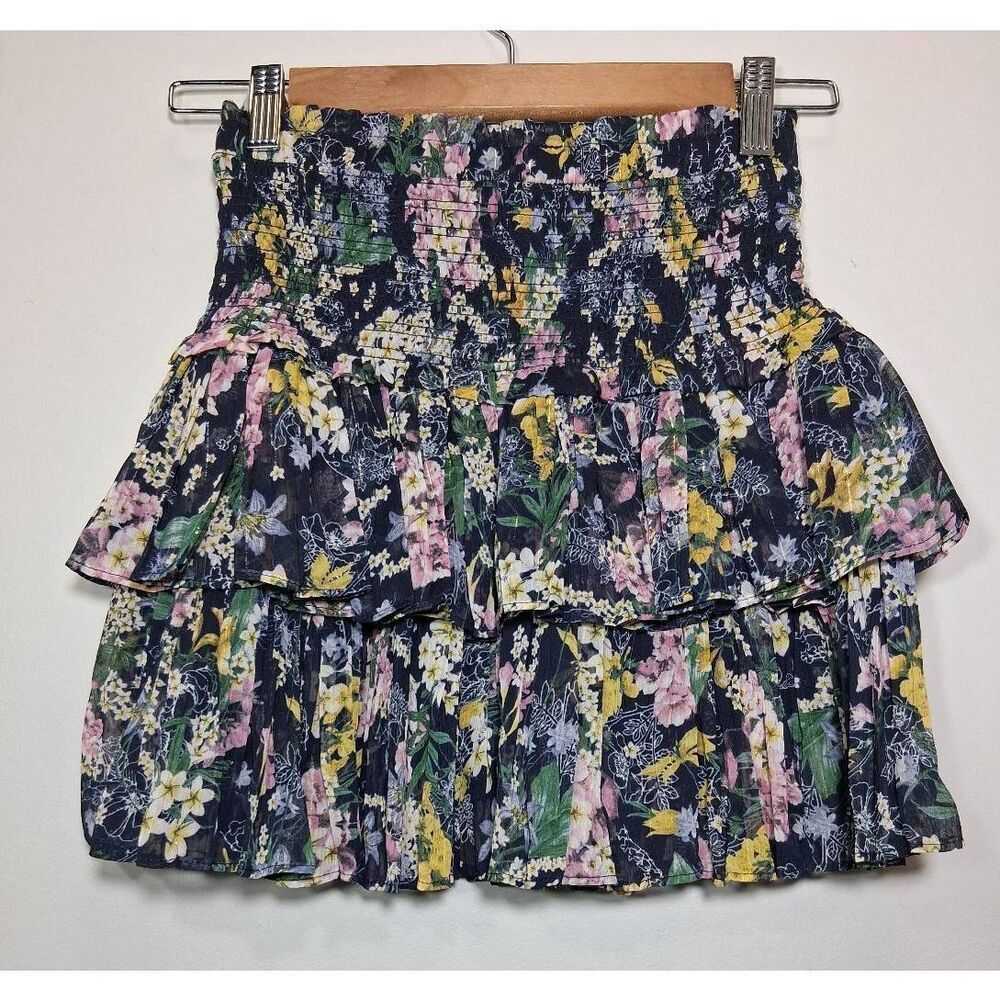 We're all pretty girls womens small mini skirt ruffle blue floral yellow